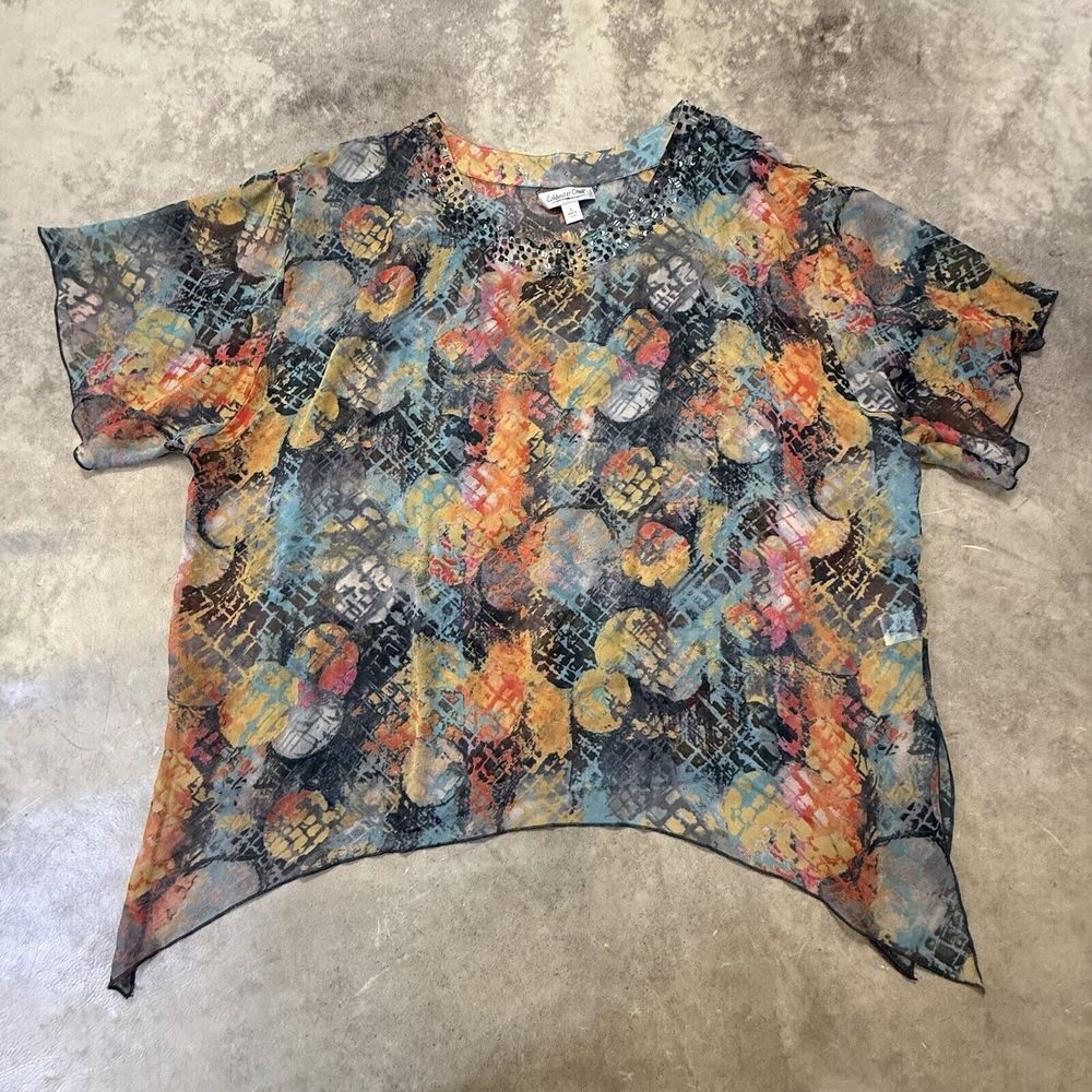 Coldwater Creek Tunic Womens Size L Blue Geometric Pattern Pintuck Details Silk